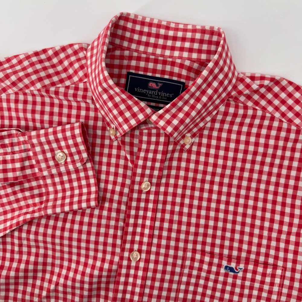 Vineyard Vines Tucker Shirt Mens Medium Red Gingham Slim Fit Cotton Button Down